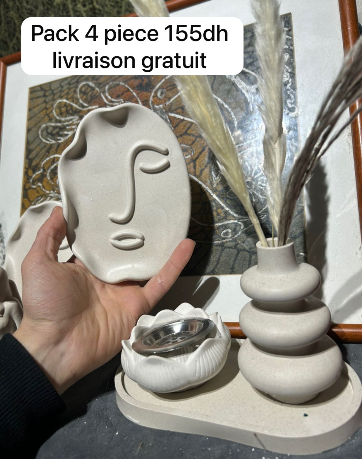 Ensemble Décoration Moderne en Gypse – Statue Couple & Vase Minimaliste Fait Main