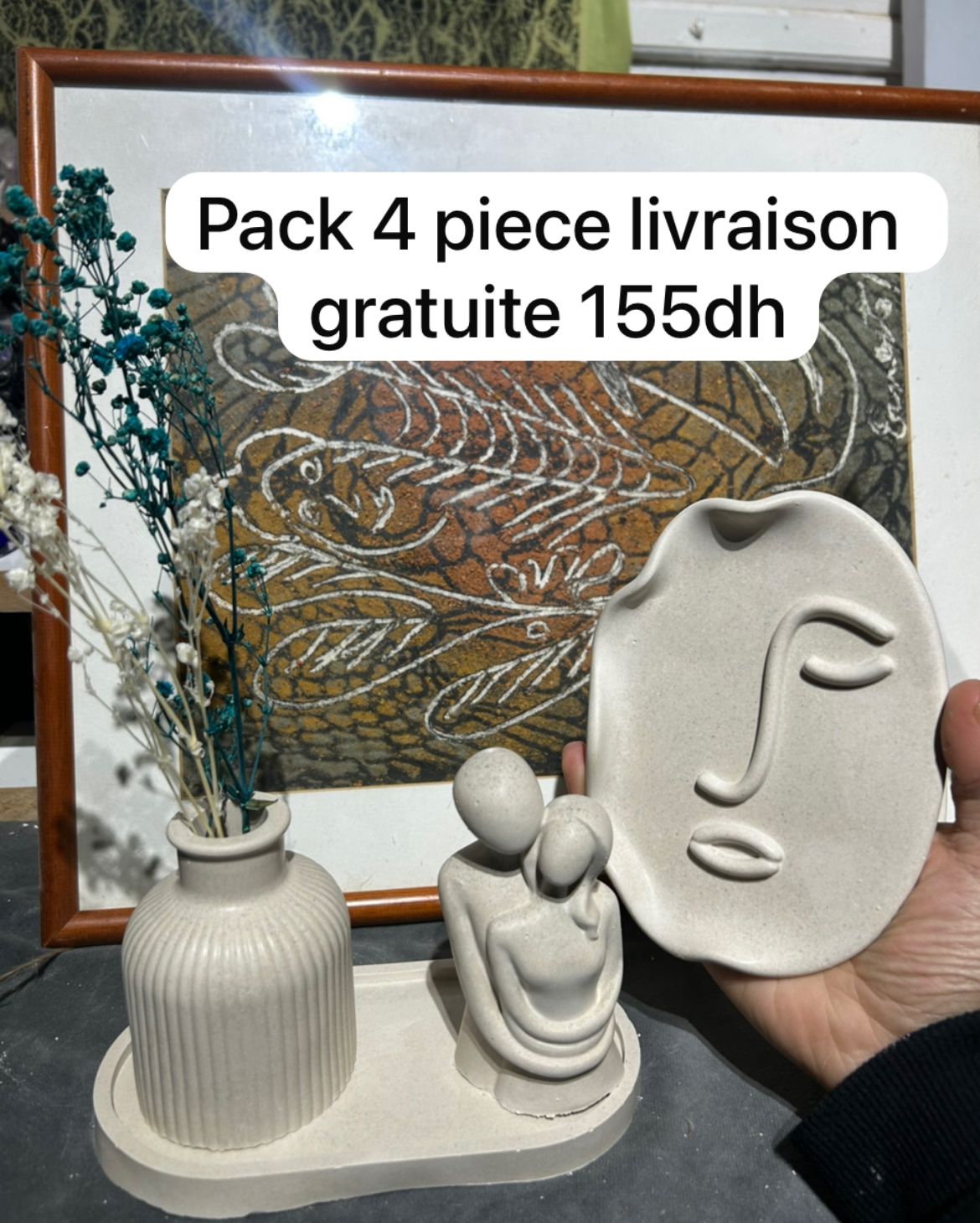 Ensemble Décoration Moderne en Gypse – Statue Couple & Vase Minimaliste Fait Main